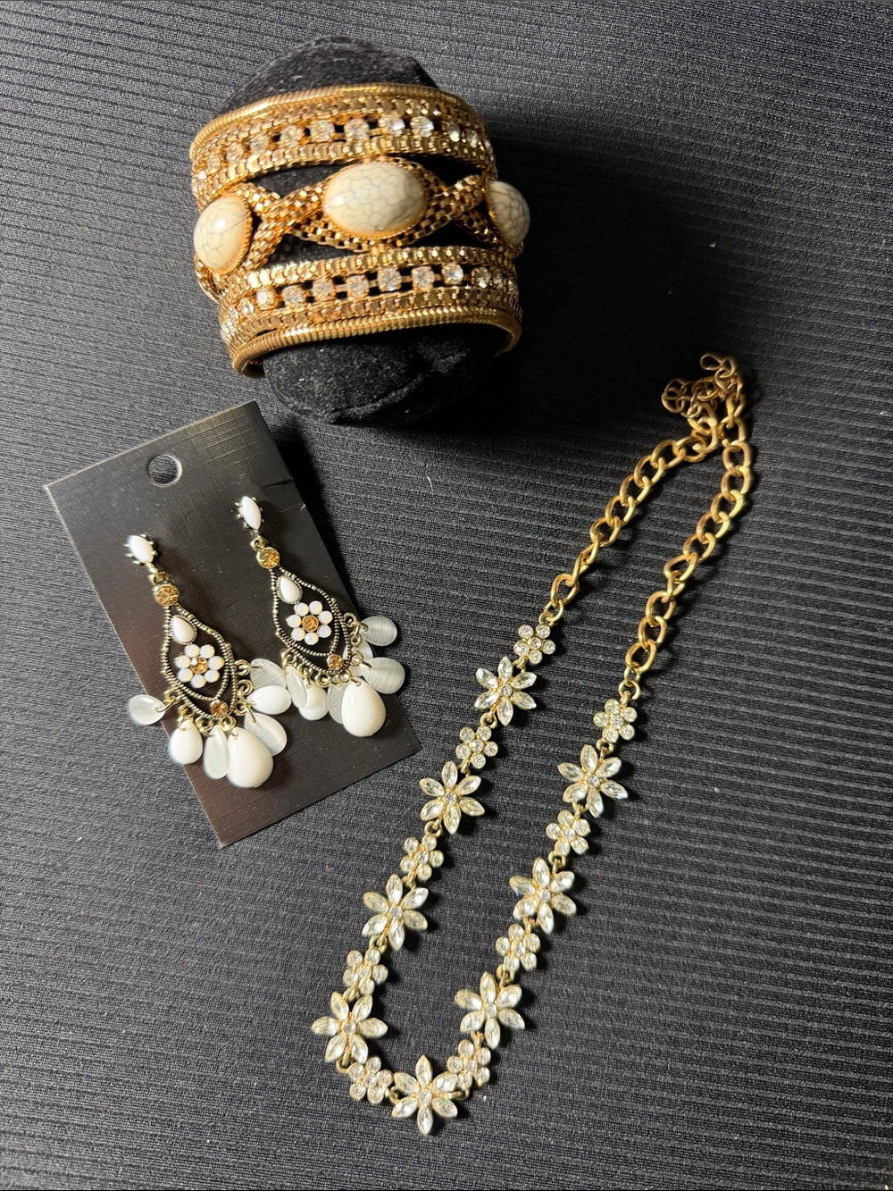Gold-Tone Floral Crystal Necklace & White Stone Bracelet Set
